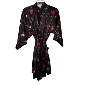 Dentelle Black Heart Print Satin Kimono Robe XL EUC